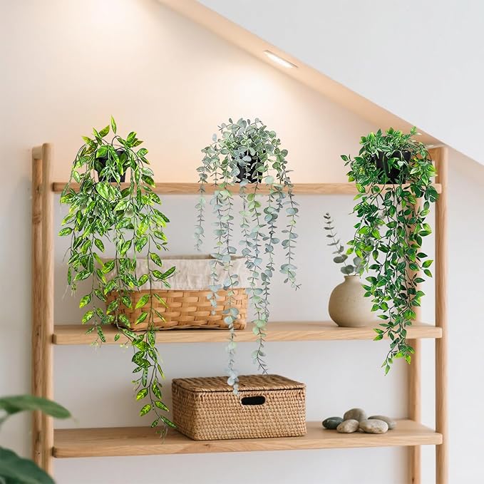 Fake Hanging Plants, 3pcs Artificial Small Potted Plants Fake Potted Greenery Faux Eucalyptus Mandala Vine Pea Pod for Home Indoor Outdoor Wall Garden Wedding Decoration