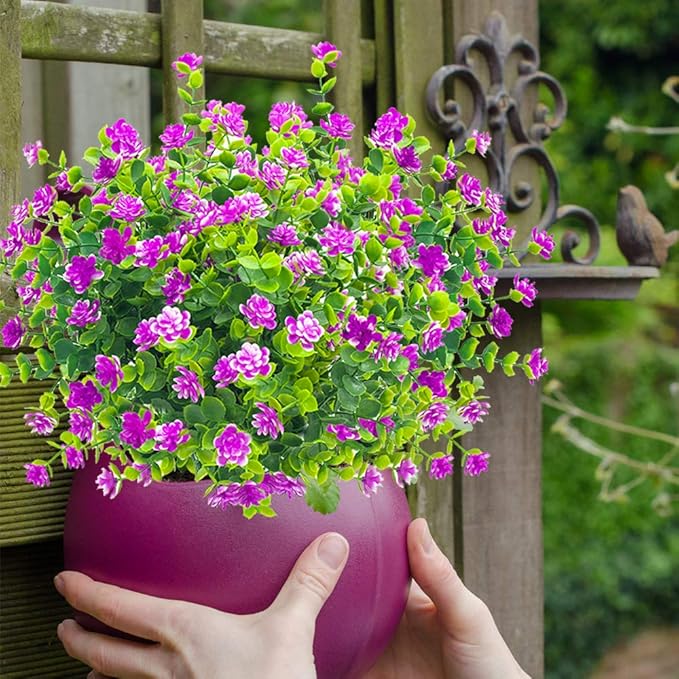 Grunyia 10 Bundles Artificial Fake Flowers, Faux Outdoor Plastic Plants UV Resistant Shrubs Outside Indoor Decorations (Purple-Eucalyptus)
