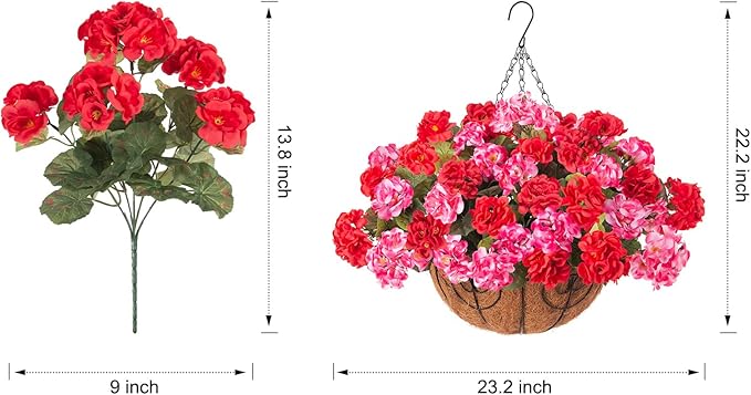 INSPRING Geraniums Artificial Flowers Hanging Basket for Outdoors Outside Spring Decoration, 8 Bundles Silk Flowers Fake Plants Look Real UV Resistant for Porch Home Patio Balcony Yard, Red Pink