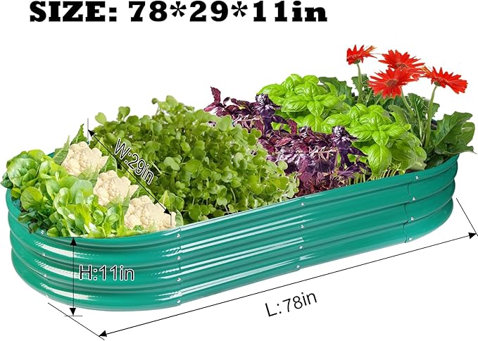 Rakukiri Raised Garden Bed GRS Certified Galvanized Planter Box Outdoor, 6.5ft Oval Rot-Resistant Metal Garden Bed Planter, Recycled Material Planter for Vegetables Flowers Herbs (Green)