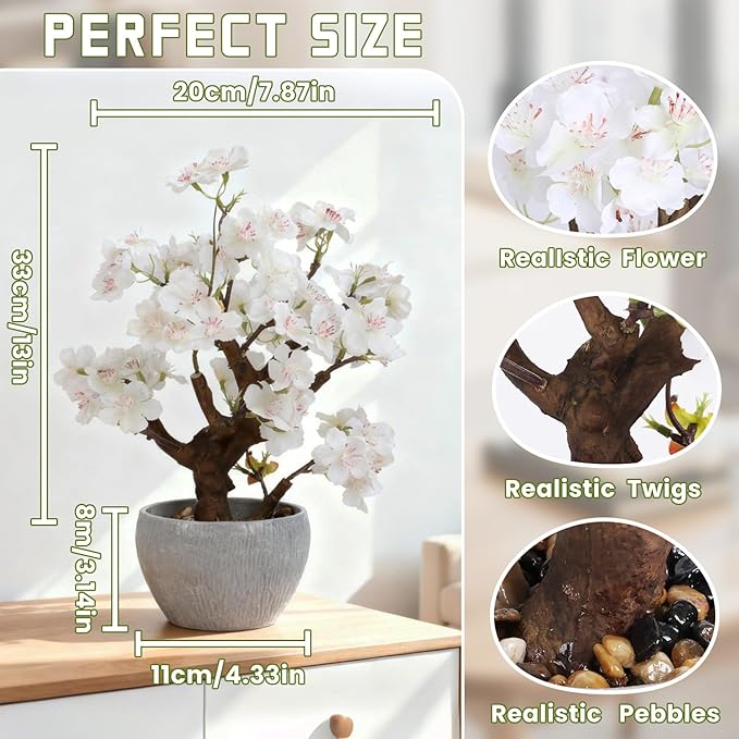 TOARTi Artificial White Cherry Blossom Potted Plant with Stone Pot, 12.6" Fake Flowers Potted Faux Plant Desk Decor, Realistic Decorative Plants Indoor Decor for for Home Bedroom Bathroom Office Desk