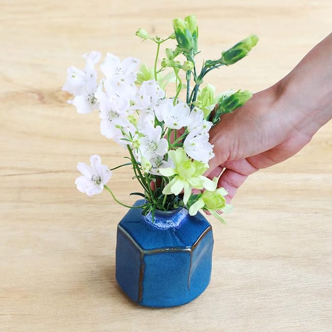 Wazakura Minoyaki Ceramic Small Ikebana Flower Bud Vase Made in Japan, Handpainted Floral Arrangement Pottery Supplies Hexagon Shaped Blue Vase - Hexagon Shaped Blue Vase