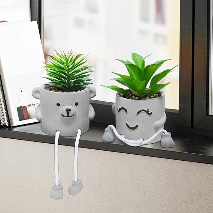 Zerzsy Fake Desk Plants in Cement Pots, Faux Plant Succulents Shelf Decorations, Funny Artificial Succulent Plants for Office Desk Decor, Cubicle Accessories - Set of 2