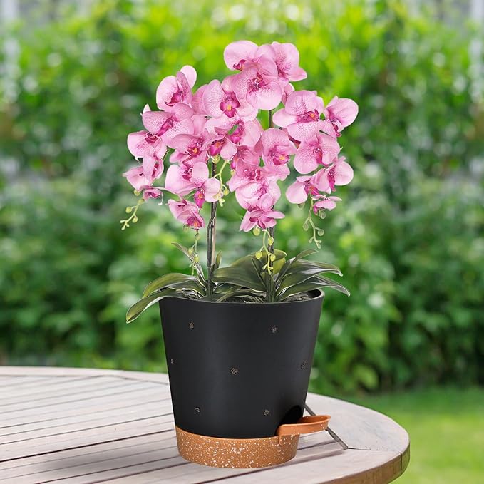 Vanslogreen Orchid Pots with Holes, 6 Inch Self Watering Orchid Pot 2 Pack Plastic Plant Pots for Orchid, Flower (Black+Brown)