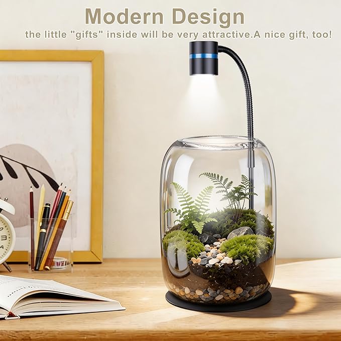 Glass Plant Terrarium with LED Grow Light(H:8.46" D:5.9"), Desktop Terrarium for Venus Fly Trap, Moss & Succulents, Borosilicate Indoor Planter for Home Office Decor