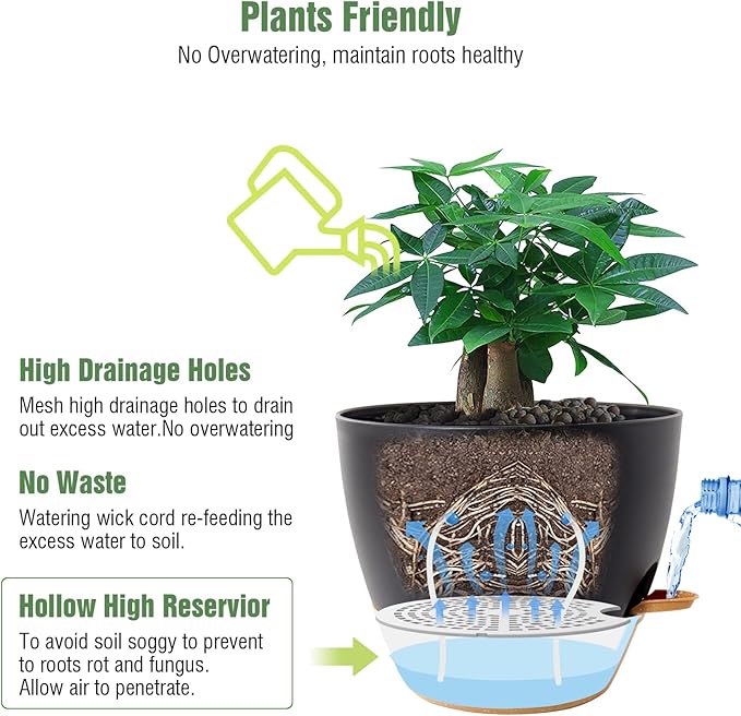 UOUZ 12 inch Large Self Watering Pots, Plastic Planters with 60oZ Removable Deep Reservoir and Multi Mesh Drainage Holes for Indoor Outdoor Garden Plants and Flowers, Black with Brown