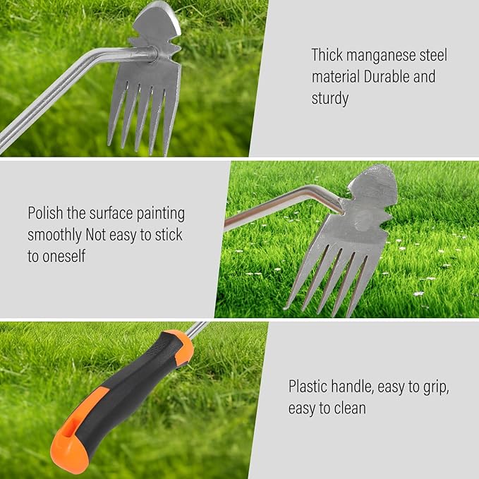 Weed Removal Tool, New Garden Weeding Tools Manganese Steel Hand Weeder Tool with Handle, 5 Teethes Dual Purpose Manual Weeders Tool Weed Tool for Garden (Rubber Handle)