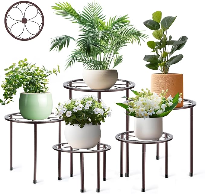 Amaoot 5 Pack Metal Plant Stand, Anti-Rust Iron Plant Stands for Indoor and Outdoor, Heavy Duty Flower Pot Stands for Multiple Plant, Black Potted Plant Holder for Garden Home (5 Pack Brown)