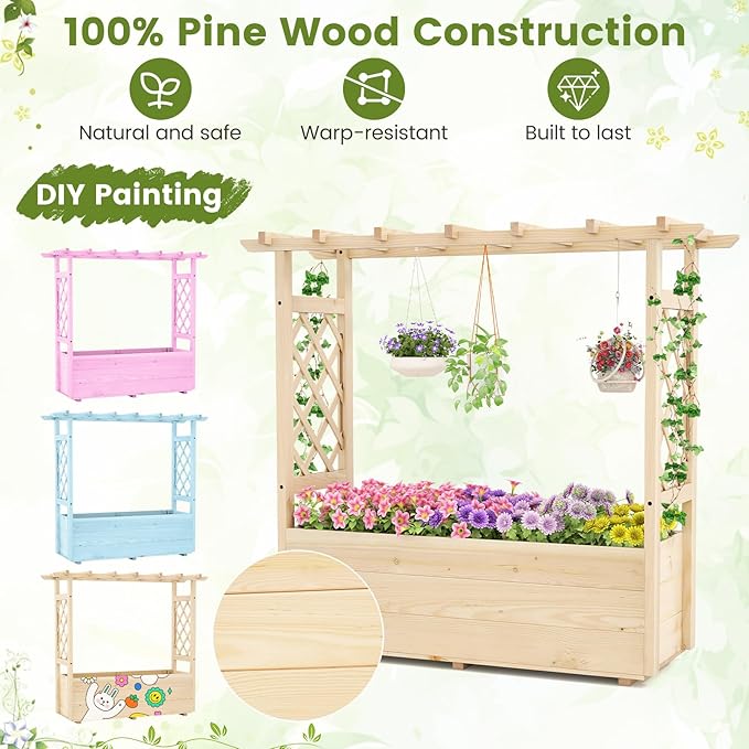 Giantex Raised Garden Bed with Sided Trellis & Hanging Roof, Wood Planter Box, Freestanding Garden Planter Raised Bed for Flowers Herbs Climbing Vines 45”x16”x41” (L x W x H)