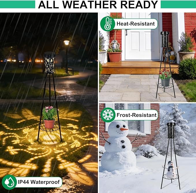 RGB Dragonfly Projection Solar Floor Lamps Outdoor, Metal Floor Light with Plant Stand,42.48" Decorative Waterproof Lighting for Garden,Patio,Porch,Yard,Deck,Black,2 Pack