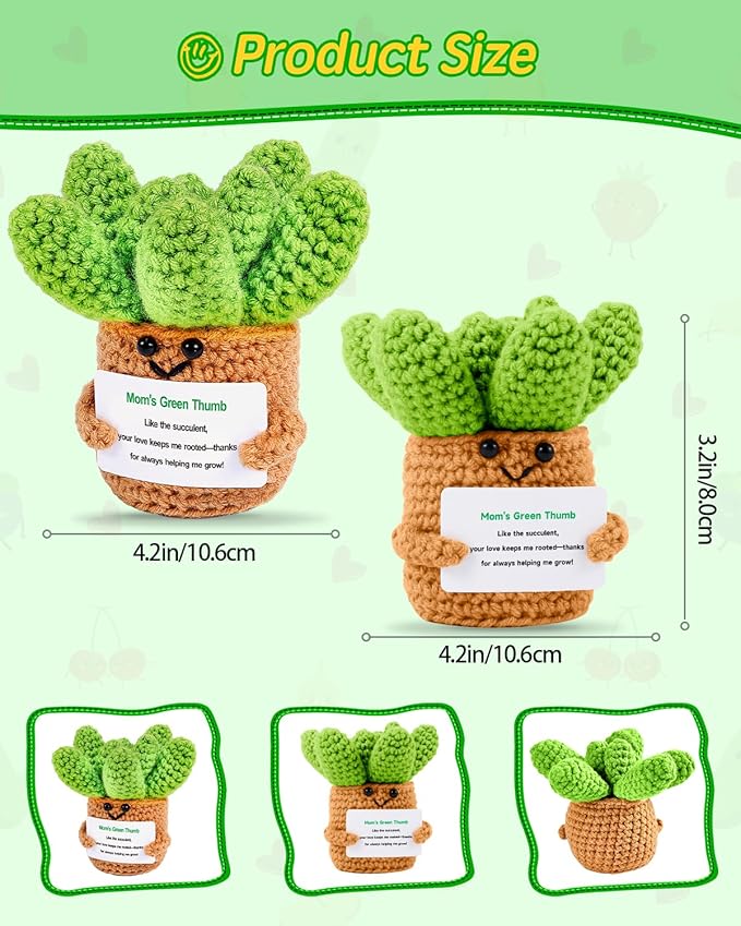 JELUTAR Gifts for Mom Crochet Positive Succulent, Mother's Day Birthday Gifts from Daughter Son for Mom Friends Wife Cute Funny Plant Decors (Mom's Green Thump)