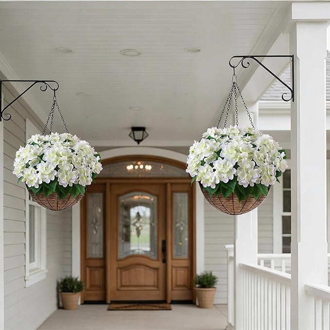 FOTEEWL 8 Bundles Artificial Hydrangea Flowers for Outdoor Decor, Realistic Faux Silk Bouquets Sun-Resistant Fake Plants for Front Door Balcony Farmhouse Garden Home Spring Summer Decor (White)