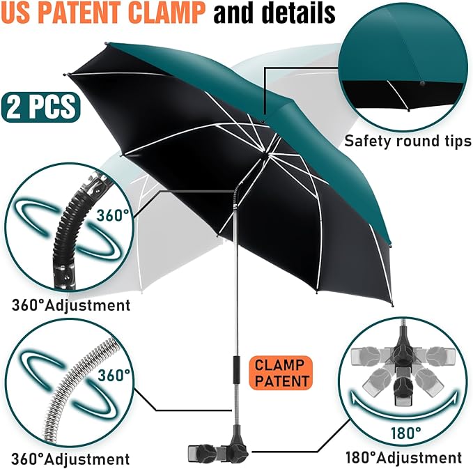 2 PACK Beach Umbrella with Clamp, 360 ° Adjustable Umbrellas for Chair, UPF50+ Umbrella for Beach Chair, Patio Chair, Wheelchair, Camping Chair, Golf Carts (Chair Not Included)