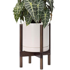 D'vine Dev Ceramic Planter with Walnut Color Stand - 10 Inch Modern Round Flower Pot with Wood Planter Holder, Oatmeal, 55-B-X-8