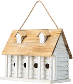 Glitzhome 14.25”L Wood Hanging Birdhouse for Outdoors Oversized Distressed Cottage Painted Bird House Rustic Bird House for Bluebird Wren Chickadee Sparrow Bird Nest Box for Garden Patio, Washed White