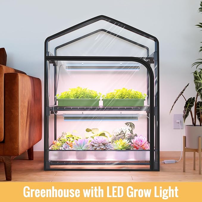 Mini Indoor Greenhouse with Grow Light, 2-Tier Plant Stand with PVC Tent, Ventilation Window, Bottom Pouch, 20W Full Spectrum Grow Light with Timer, for Seed Starting, 27" L x 19" W x 35" H