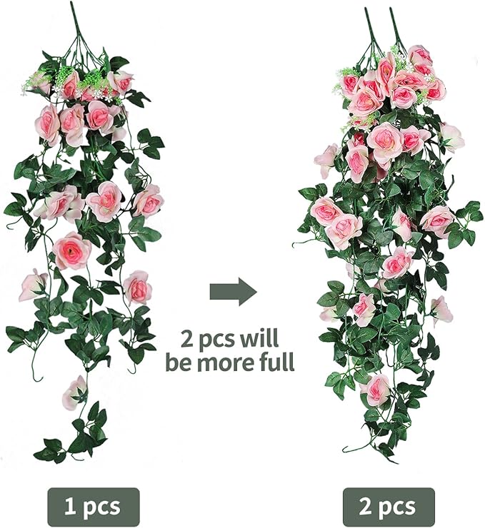 RECUTMS 2pcs Artificial Hanging Plants 32 in Fake Plant Ivy Vine Outdoor, Hanging Champagne Rose Flower Wall Sconce, UV Resistant Plastic for Valentines Day Wall Hanging Decorations(Champagne)