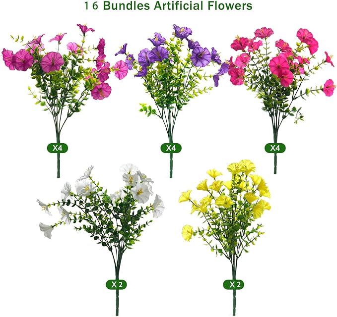 Fanfantoey 16 pcs Artificial Flowers for Outdoors, UV Resistant Fake Flowers Outside Decoration, Realistic Faux Silk Morning Glory Fake Plants for Planter Outside Decor (20, 5 Mixed)