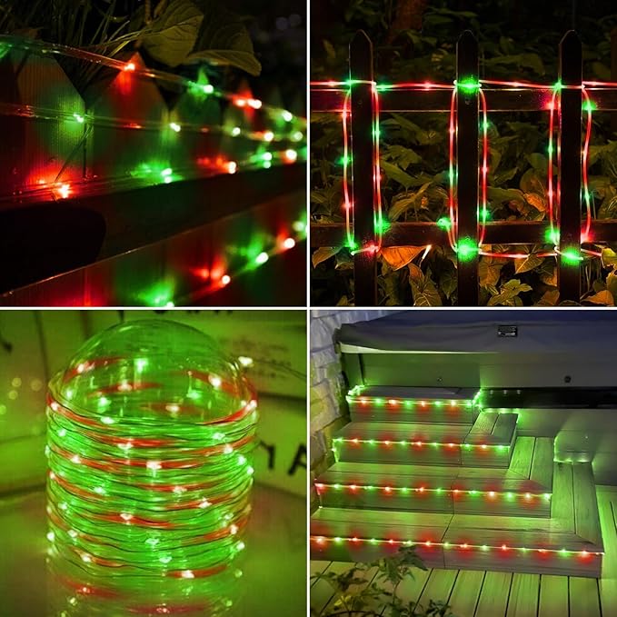 Solar Rope Lights, 66ft 200LED Solar String Lights, 8 Modes Waterproof Solar Powered Outdoor Light, Flexible Clear Tube Light for Garden Backyard Patio Deck Porch Pool Tree Christmas Decor - Red&Green