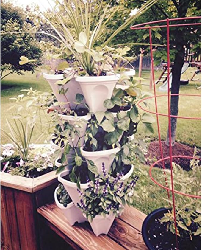 Vertical Garden Planter Stackable Tiered System 4 Plants per Pot, Space Saving Herb, Strawberry & Food Crop Planter with Center Support Hole for Indoor Outdoor Gardening (36, Stone, Small)