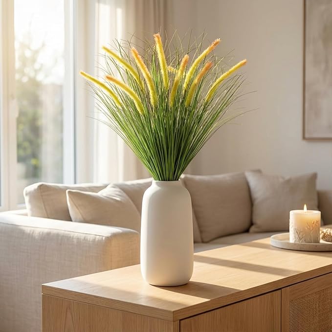 24PCS Artificial Yellow Dog Tail Grass Onion Grass UV Resistant Outdoors Faux Shrubs Ornamental Wheat Grass Cattails Faux Bushes Home Decor for Outdoor Garden
