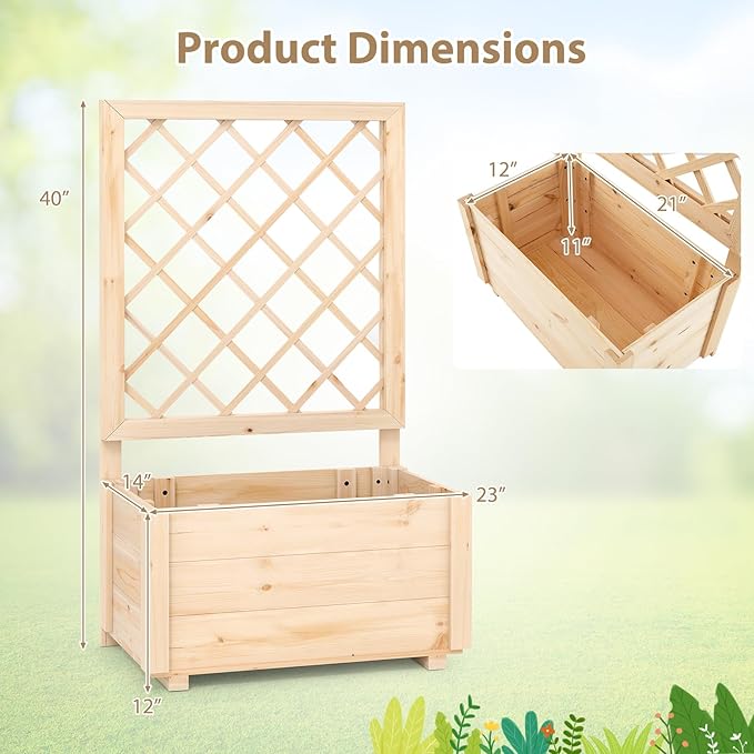 Giantex Set of 2 Raised Garden Bed with Trellis, Drainage Hole, Wood Elevated Planter Box for Climbing Vine Flower Herb Vegetable Fruit, for Indoor Outdoor Patio Balcony (23”x14”x40”)