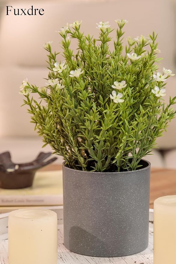 2 Pack Small Desk Plants, Artificial Bathroom Plants Decor with Thyme Flower in Vintage Melamine Pots, Faux Plants Indoor for Shelf Decor in Home Office, and Spring Decor (Ivory)