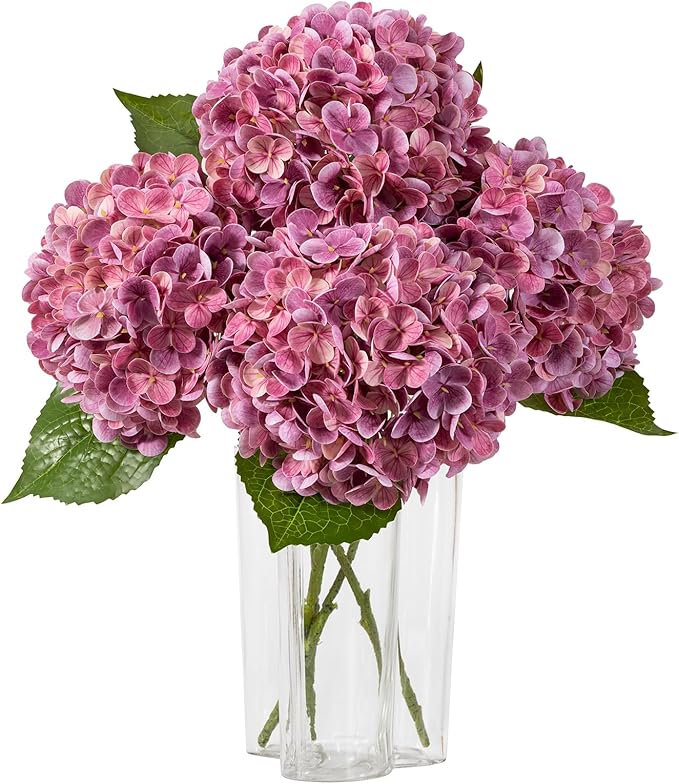 DuHouse 3Pcs Large Hydrangea Artificial Flowers,20 inch Latex Real Touch Hydrangeas with Long Stems & Leaves for Home Decor Party Floral Arrangements Wedding Bouquets Centerpieces(Rose Red)