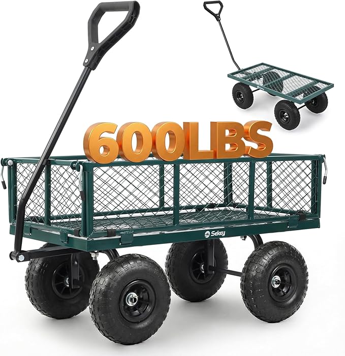 Sekey 600lbs Steel Mesh Garden Cart for Patio & Backyard, Utility Wagon with Removable Sides (Convertible Flatbed), 10" Rubber Tiress, Green
