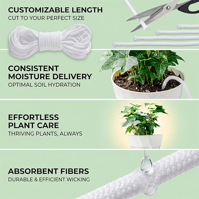 MAQIHAN Self Watering Rope - 50 Feet × 1/4 Inch Self Watering Rope for Plants, Wicking Cord for Vacation DIY Self-Watering System, Capillary Wick for Garden Potting Orchid Tomato Plants