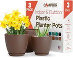 Planter Pots with Drainage Holes - Lightweight, Durable & Space-Saving Pots for Indoor and Outdoor - Versatile Functionality, Simple Modern Design, Set of 3 Plastic Planter Pots - Brown