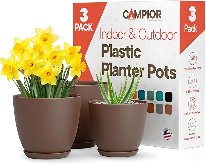 Planter Pots with Drainage Holes - Lightweight, Durable & Space-Saving Pots for Indoor and Outdoor - Versatile Functionality, Simple Modern Design, Set of 3 Plastic Planter Pots - Brown