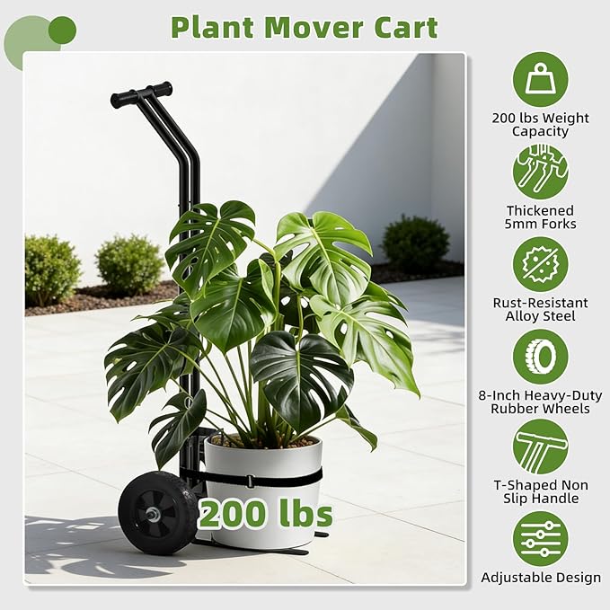 Plant Caddy with Wheels, 200 Lbs Capacity Plant Dolly Cart with Wheels, Handle, Adjustable Forks and Grips, Potted Plant Mover for Flower Shop, Home, Courtyard, Offices, Hotels