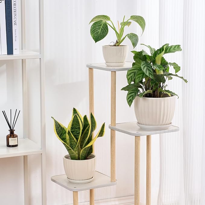 STHIE 4/5/6 Inches Ceramic Plant Pots with Drainage Holes and Saucers, Round Flower Pots for Indoor Plant, Modern Flower Planters Set of 3 (White-Big Size)