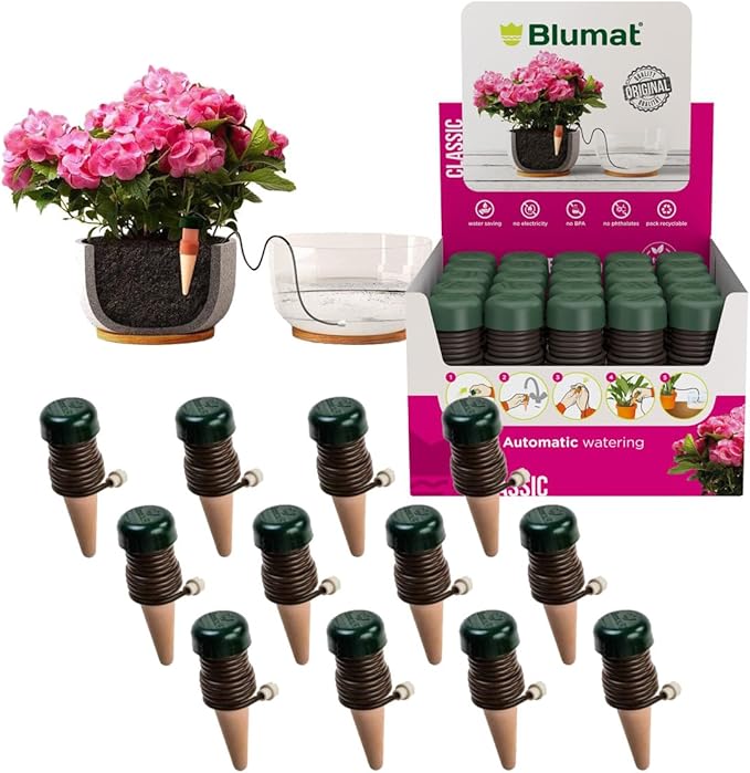 Blumat Classic Self-Watering Stakes - Prevents Overwatering and Underwatering for Healthy Growth While You are Away - Ideal for Indoor Plant Watering, 12 Pack, wo Adapter