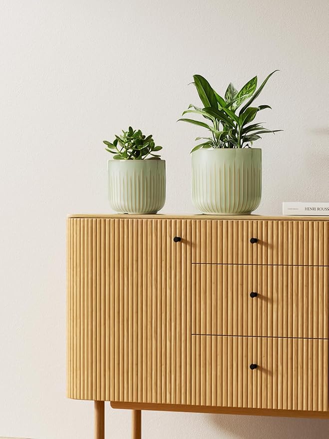 LE TAUCI Ceramic Pots for Plants, 8.3/7/6 Inch Indoor Planters with Drainage Holes & Mesh, Modern Glossy Glaze Cylinder Fluted Plant Pot for Snake Plant, Set of 3, Sage Green
