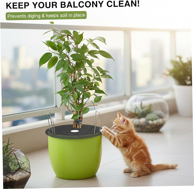 Plant Pot Cover - 4Pcs Cat Proof Indoor Plant Protector with Mesh Grid & Stakes, 15.7 Inch Soil Protector to Deter Cats Animals