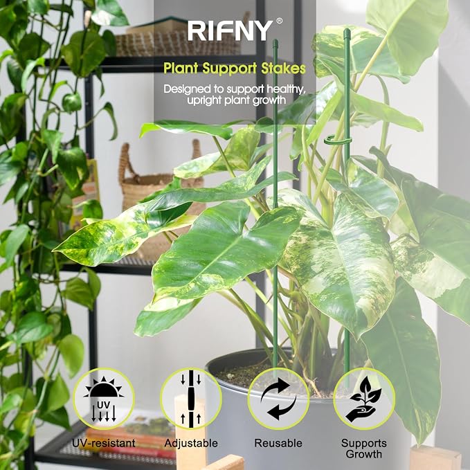RIFNY Plant Stakes for Indoor Plants, 12 Inch Plant Support Stakes with Clips, Tall Adjustable Plant Sticks for Indoor Monstera Tomato Orchid Potted Plants Flower (10 PCS, Green)