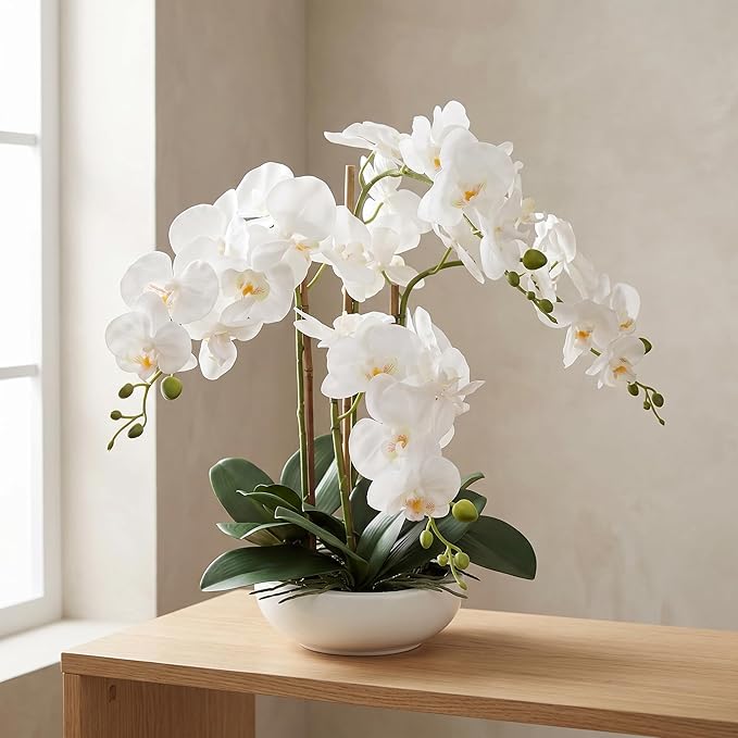 Larksilk 20" White Phalaenopsis Orchid Flowers in 8" Round White Pot | Realistic Faux Orchid | Elegant Indoor Decor for Home & Office