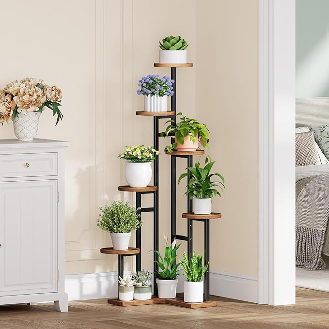 HOOBRO Corner Plant Stand Indoor, 7-Tier Plant Shelf for Multiple Indoor Plants, Corner Plant Rack Organizer, Round Flower Stand, for Living Room, Balcony, Patio, Rustic Brown and Black BF02HJ01