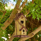 Glitzhome Birdhouses for Outdoors,Hummingbird Houses for Outside, 11.5"H Yellow Hand Painted Distressed Solid Wood Bird Nesting Box Decorative Birdhouse with Rattan Hanging Bird House for Patio Garden