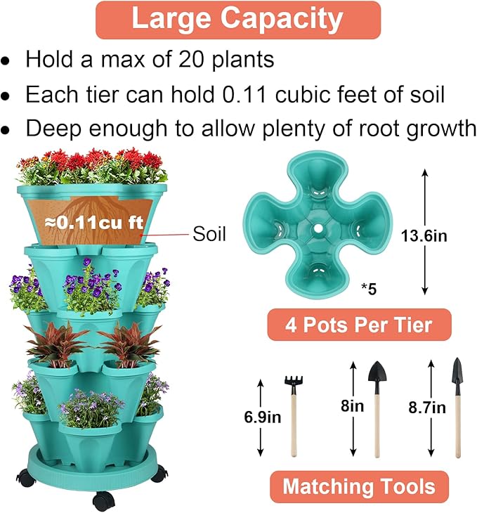 GameXcel Vertical Planter Tower - 5 Tier Stackable Garden Planters with Wheels and Tools Plant Pots for Strawberry Herb Flower and Vegetable Indoor Outdoor Use Teal