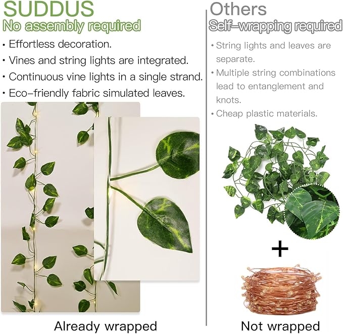 suddus Vine with Fairy Lights Battery Operated, 33ft100 LED Pothos String Lights with Remote, Leaf Lights for Bedroom, Room, Wall, Garden, Party, Wedding Dorm Decor(Warm White)