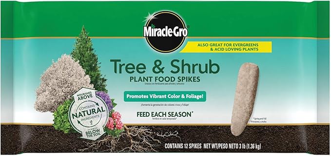 Miracle-Gro Tree and Shrub Plant Food Spikes - Deciduous, Flowering & Evergreen Tree Fertilizer Spikes, Hydrangeas, and Acid-Loving Plants, 12 Count, 3 lb.