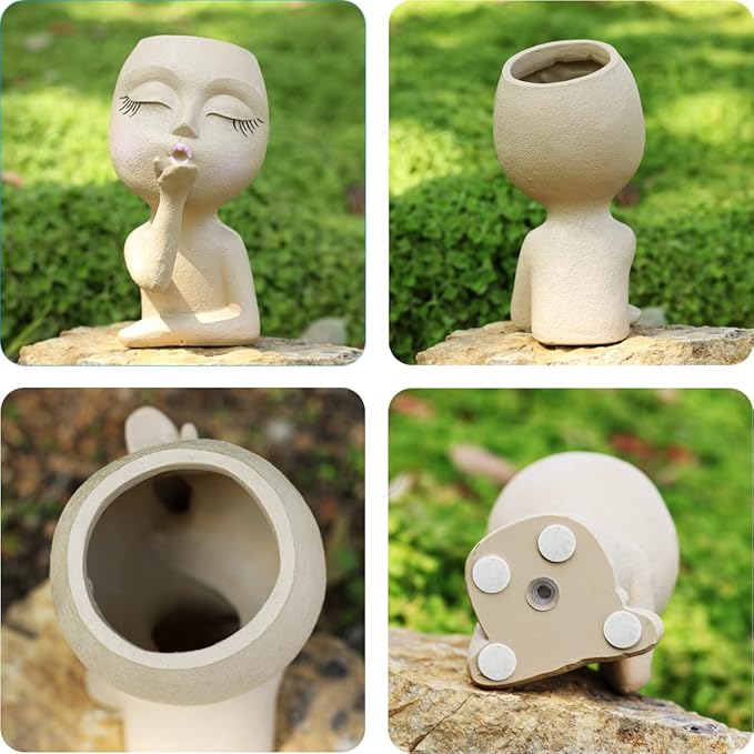 Cute Plant Pot Head Planter,Face Planters Pots Head,Succulent Pots,Unique Planters,Decorative Pots for Plants Indoor,Funny Plant Pots,Face Vase (Khaki)