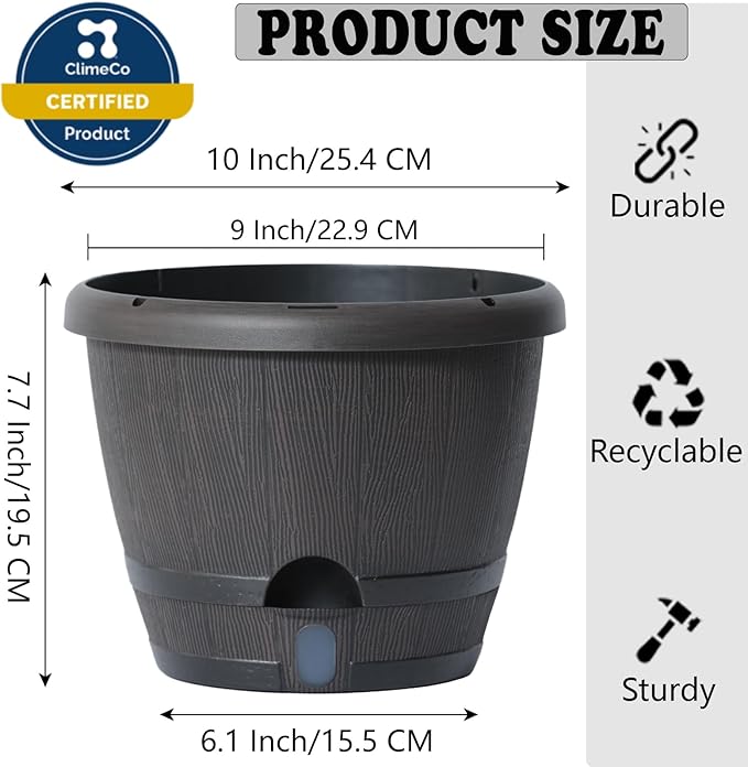 SUN-E 10 Inch Self Watering Planter Pots 3Pack-Dark Brown Realistic Wood Grain with Water Level Indicator, Drainage Holes&Saucer Whiskey Barrel Planters Plastic Flower Pots,Plants & Decor Not Included