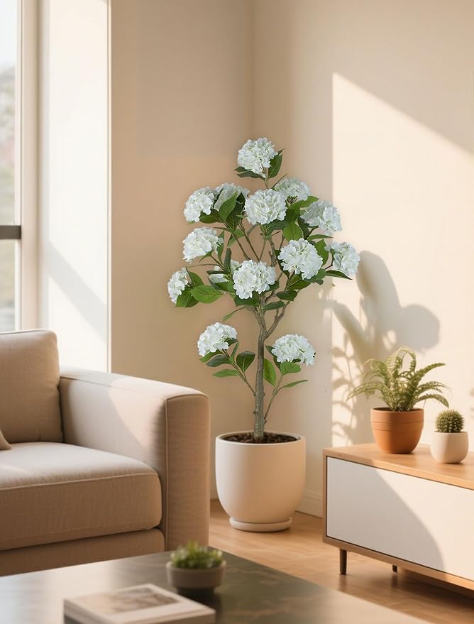 BLOSMON White Hydrangea Artificial Trees: 5ft Real Touch Faux Hydrangeas Flower Tree with Pot for Front Porch Planters Decoration Outdoor - Fake Silk Floral Plant for Home Patio Entrance Decor Indoor