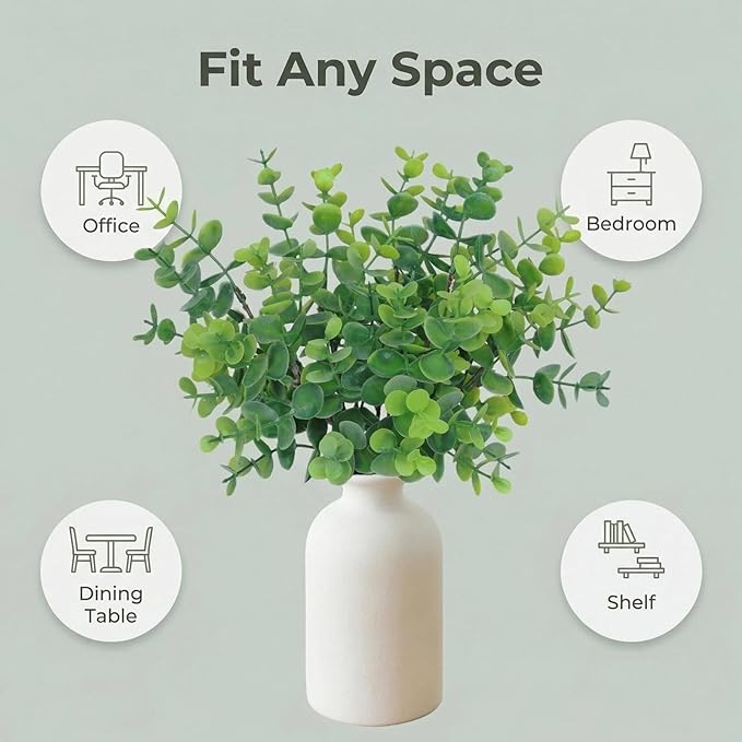 12" Artificial Sage Eucalyptus Stems Potted Plant - Realistic Small Fake Desk Plants for Office Home Decor, Faux Plants in Frosted Ceramic Vase for Indoor Spaces, Table Decor（7 pcs）