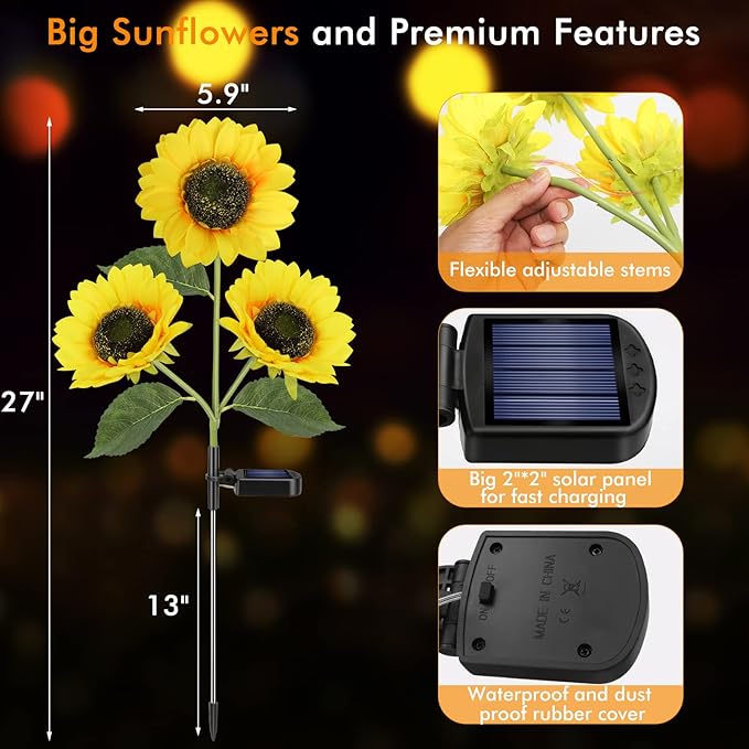 Meagoo Solar Sunflower Lights, 800mA Solar Garden Light with Real Looking Flowers Outdoor Waterproof Solar Stake Lights for Back Yard, Flower Bed, Pathway, Patio, Porch, Fall Decoration (4 Pack)