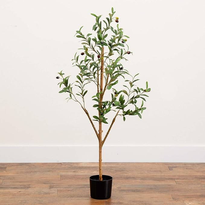 Nearly Natural Olive Tree Artificial Indoor 4FT Tall Silk Faux Olive Tree for Home and Office Decor, Fake Potted Olive Tree with Natural Wood Trunk, Realistic Olive Tree Branches and Lifelike Fruits